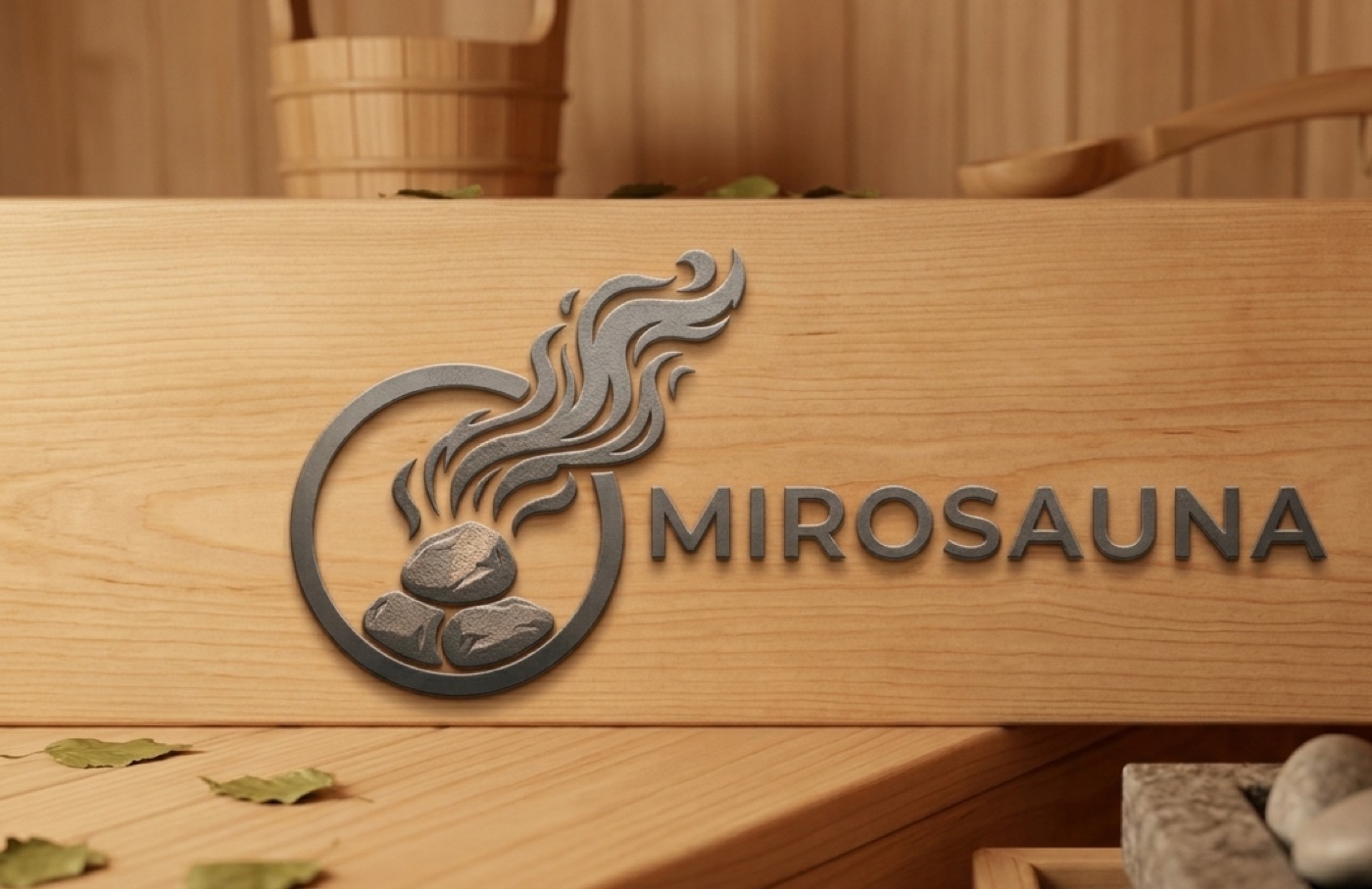 MIROSAUNA logo carved into warm sauna wood, with sauna stones and a wooden bucket