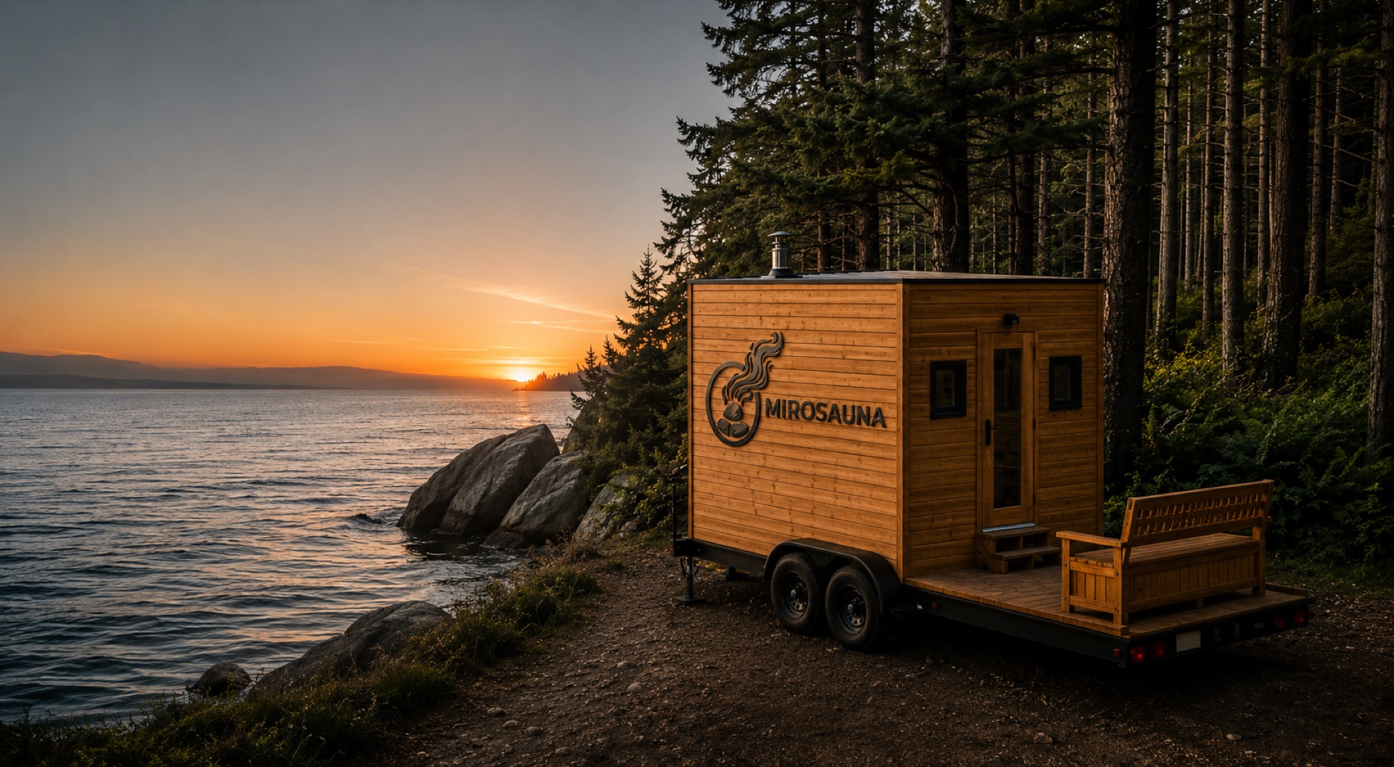 MIROSAUNA wood-fired mobile sauna trailer parked by a lake at sunset