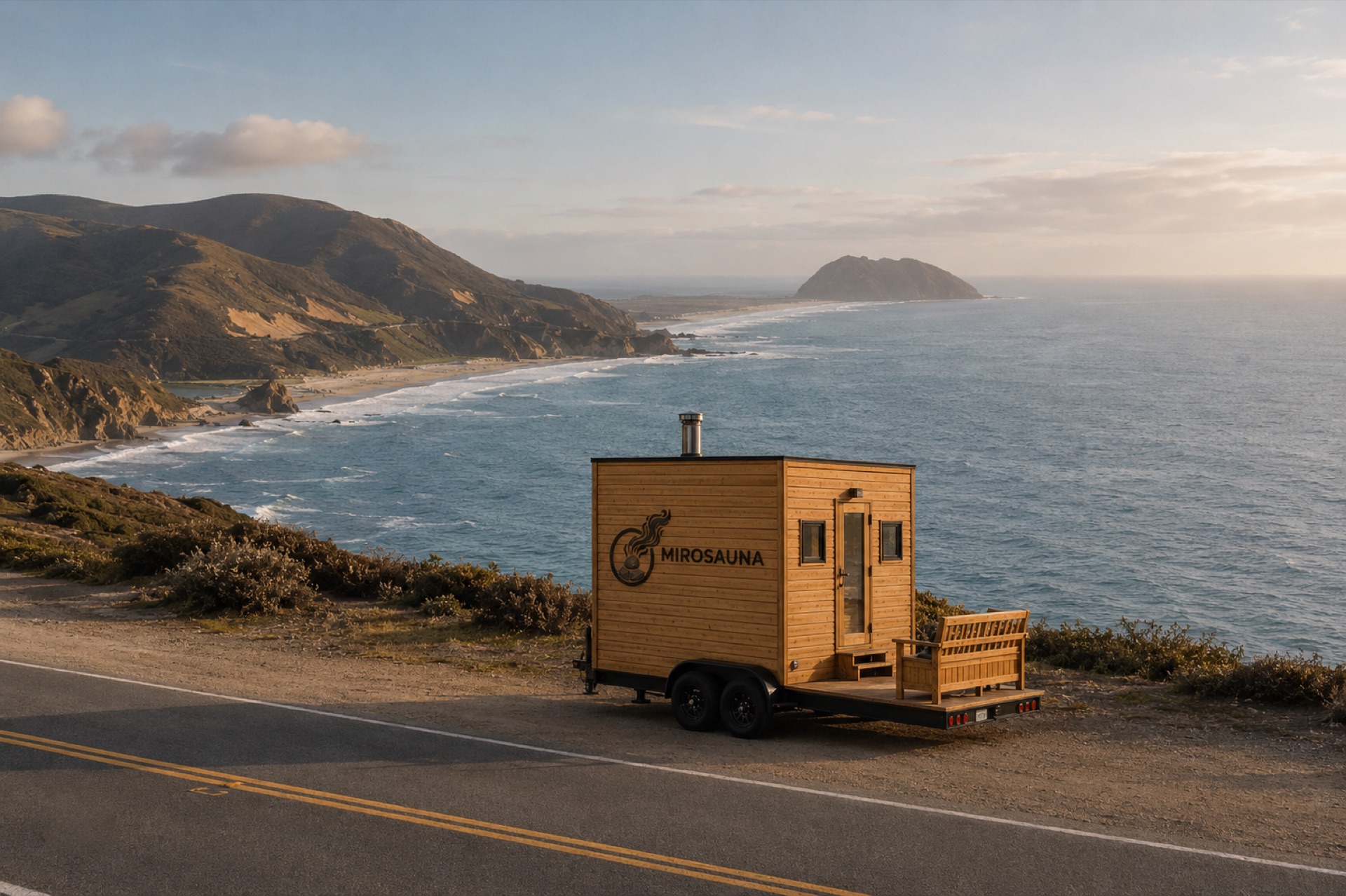 MIROSAUNA wood-fired mobile sauna trailer parked on the Pacific coast at golden hour