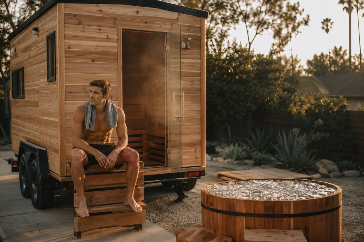 Athlete cooling down on the sauna steps next to a cedar cold plunge tub