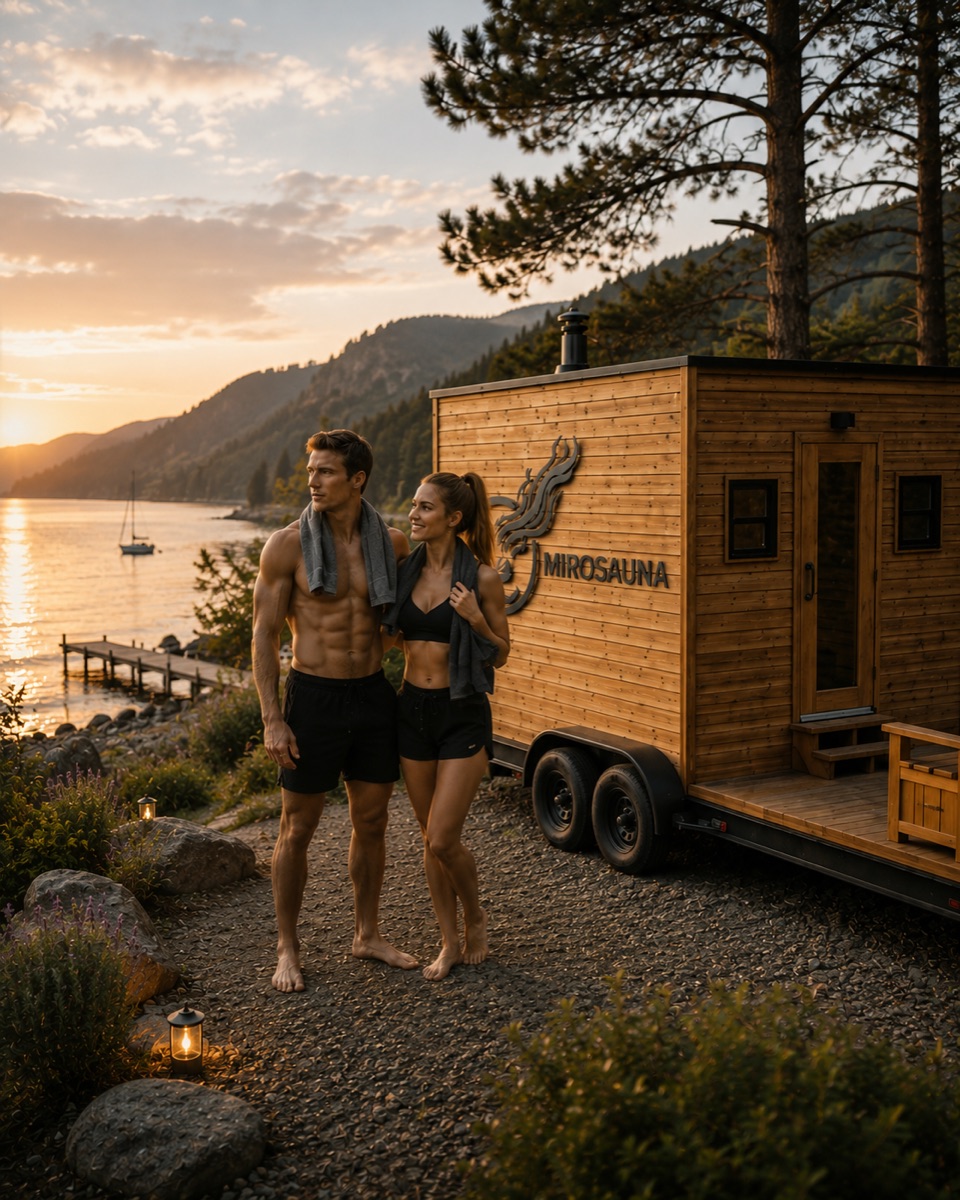 Athletic couple relaxing by the MIROSAUNA trailer at a lake at sunset