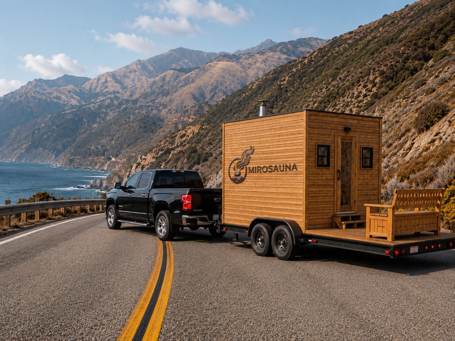 Pickup towing the MIROSAUNA trailer along the coast
