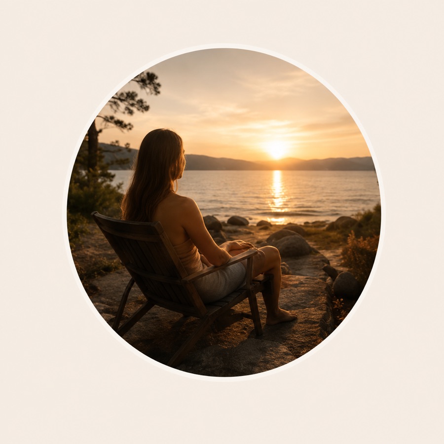 Guest relaxing in a chair by the lake at sunset